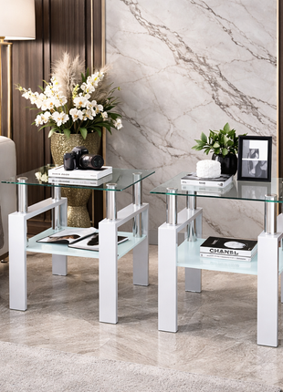 Modern Tempered Glass Coffee Table Set of 2 – Square End Tables with Storage Shelf LS3