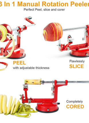 3-in-1 Apple Peeler Slicer Corer – Stainless Steel Hand Crank Fruit Peeling Machine with Suction Base