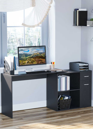 Likeshoppe L Shaped Computer Desk, 180° Rotating Corner Desk with Storage Shelves, Drawer and Cabinet, Study Workstation for Home Office, Black