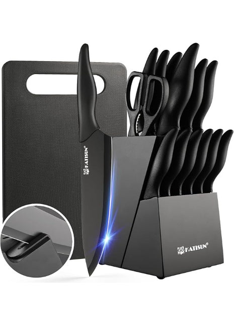 16-Piece Kitchen Knife Set with Block & Cutting Board – German Stainless Steel Knife Set with Steak Knives & Sharpener