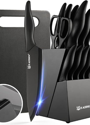 16-Piece Kitchen Knife Set with Block & Cutting Board – German Stainless Steel Knife Set with Steak Knives & Sharpener