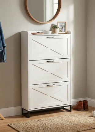 Barn Door Shoe Cabinet with 3 Flip Drawers – Farmhouse Tall Entryway Shoe Storage