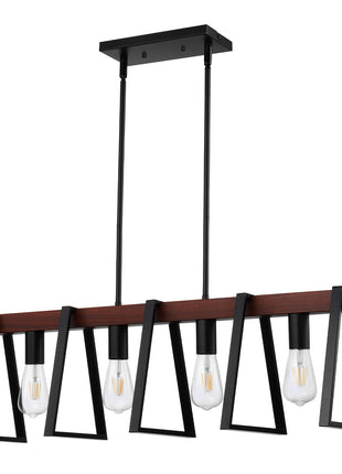 4-Light Kitchen Island Pendant Light with Adjustable Rods – Modern Black Metal Dining Room Chandelier with Walnut Wood Finish