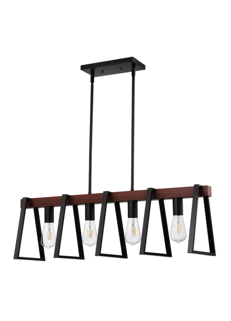 4-Light Kitchen Island Pendant Light with Adjustable Rods – Modern Black Metal Dining Room Chandelier with Walnut Wood Finish