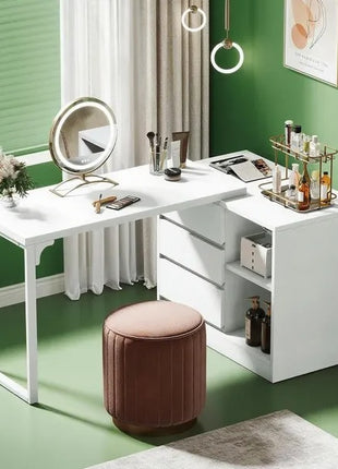 L-Shaped Makeup Vanity Desk with Drawers – Modern White Dressing Table with Storage Cabinet