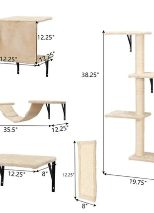 5PCS Wall Mounted Cat Climber Set – Floating Cat Shelves Bridge Scratching Activity Tree