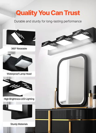 Likeshoppe 24W LED Vanity Light with 3 Rotatable Heads – Modern Waterproof Bathroom Light Fixture for Mirror & Makeup Lighting