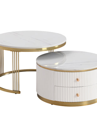 White Round Nesting Coffee Table Set with Drawers – Modern Coffee Tables with Gold Legs