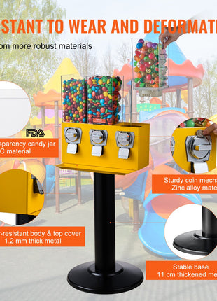 Vintage Gumball Machine Coin Bank – 3 Compartment Candy Dispenser Stand Yellow