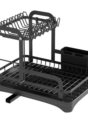 2-Tier Dish Drying Rack with Drainboard – Large Capacity Kitchen Dish Rack with Utensil Holder & Auto Drain System