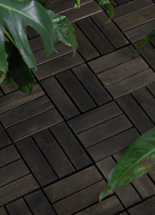 10 PCS Acacia Wood Interlocking Deck Tiles – 12" × 12" Checker Pattern Outdoor Patio Flooring for Balcony & Poolside