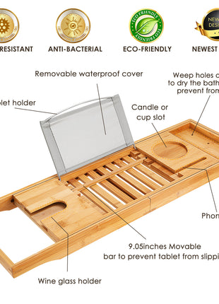 Extendable Bamboo Bathtub Caddy Tray – Luxury Bath Tray with Book & Wine Holder