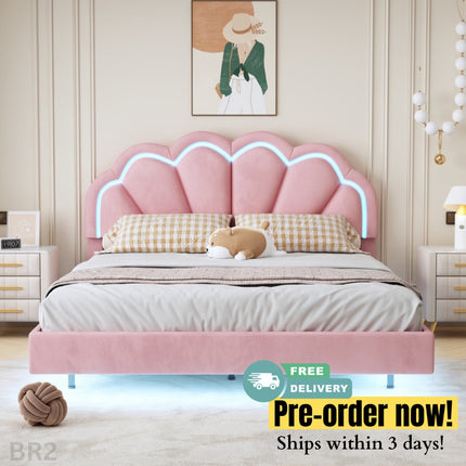 BR2- Queen Upholstered Smart LED Bed Frame with Elegant Flowers Headboard,Floating Velvet Platform LED Bed with Wooden Slats Support - Likeshoppe 