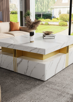 Modern White Square Coffee Table with 4 Drawers – Luxury Living Room Storage Table