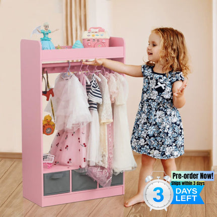 AX3- Kids Costume Organizer, Costume Rack, Kids Armoire, Open Hanging Armoire Closet with Mirror-PINK - Likeshoppe 