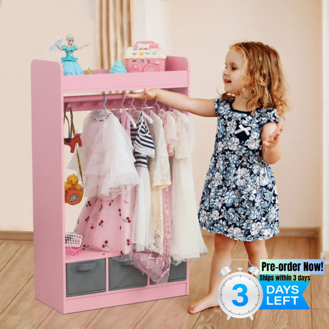 AX3- Kids Costume Organizer, Costume Rack, Kids Armoire, Open Hanging Armoire Closet with Mirror-PINK - Likeshoppe 