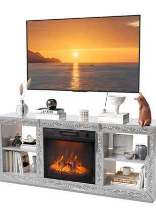 Likeshoppe Mirrored Fireplace TV Stand with Electric Insert – Modern Silver Entertainment Center with Storage Shelves