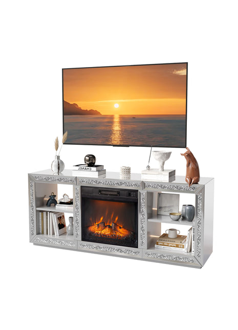 Likeshoppe Mirrored Fireplace TV Stand with Electric Insert – Modern Silver Entertainment Center with Storage Shelves