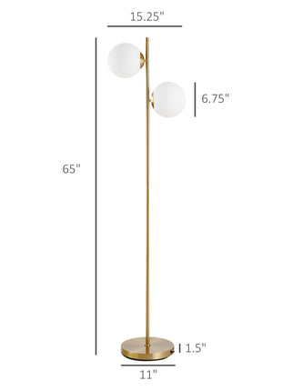 Modern Gold Floor Lamp with Dual Globe Glass Shades – 2-Light Standing Lamp with Foot Switch for Living Room & Bedroom
