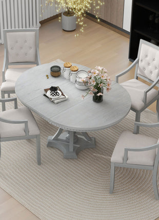 Retro 5-Piece Extendable Round Dining Set – Antique Gray Oak Table with 4 Chairs