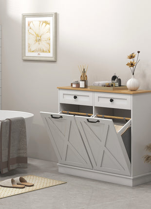Tilt-Out Laundry Hamper Cabinet with 2 Removable Baskets & Drawers – Bathroom Storage Organizer (White)