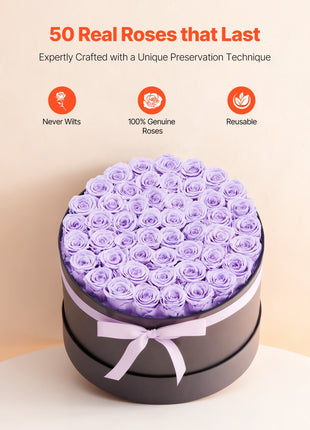 50 Preserved Roses Lavender Purple Round Box – Forever Flowers Gift for Women Wife Mom Anniversary Valentine’s Day