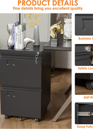 2 Drawer Mobile File Cabinet with Lock – Rolling Metal Under Desk Filing Cabinet