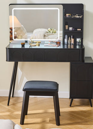 Modern Makeup Vanity Desk with LED Mirror – Black Dressing Table with 4 Drawers & Stool