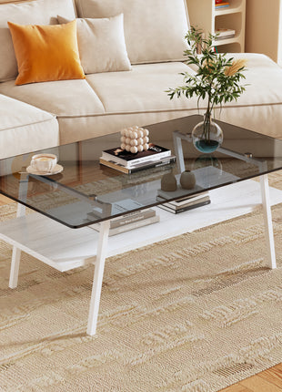 Modern Rectangle Tempered Glass Coffee Table – Gray Glass Living Room Table