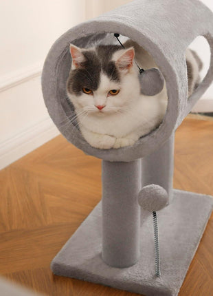 Gray Cat Tree Tower with Tunnel Bed & Scratching Posts – Indoor Cat Condo with Hanging Toys
