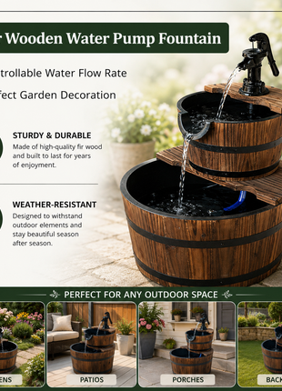 LIKESHOPPE 2-Tier Wooden Barrel Fountain – Rustic Outdoor Water Feature with Electric Pump
