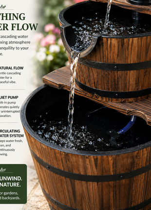 LIKESHOPPE 2-Tier Wooden Barrel Fountain – Rustic Outdoor Water Feature with Electric Pump