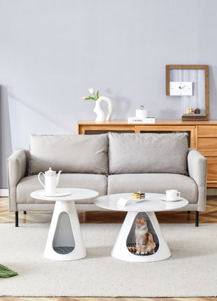 2-Piece Round Coffee Table Set with Cat Beds – Marble Top Modern Pet Friendly Living Room Tables