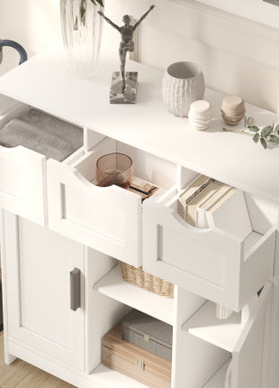 Multi-Storage Accent Cabinet – White Floor Cabinet with Drawers, Doors & Adjustable Shelves