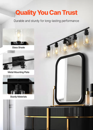 Likeshoppe 60W 5 Light Bathroom Vanity Light with Glass Shades – E26 Modern Fixture for Mirror Lighting (Up/Down Installation)