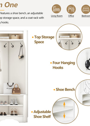 Corner Hall Tree with Shoe Bench & Coat Hooks – Space Saving Entryway Organizer
