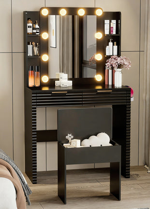 Makeup Vanity Desk with Hollywood Bulbs – Black Dressing Table with Charging Station & Storage Stool