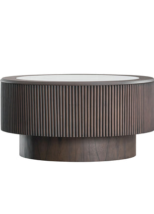 Modern Faux Marble Round Coffee Table Set – Nesting Living Room Tables with Pedestal Base (Dark Brown)