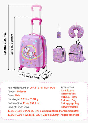 Unicorn Kids 5 Piece Carry On Luggage Set | 18 Inch Rolling Suitcase with Backpack & Travel Pillow | Likeshoppe