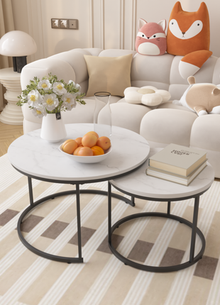 Round Nesting Coffee Table Set of 2 – Marble Pattern Modern Coffee Tables with Metal Frame
