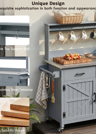 54.1" Outdoor Kitchen Island Cart with Stainless Steel Top, Storage Cabinets & High Shelf Hooks – Solid Wood BBQ Prep Table (Grey Blue)