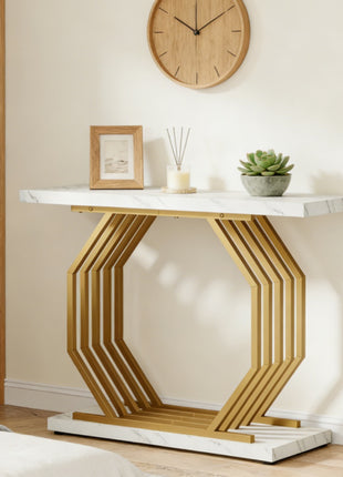 Likeshoppe Faux Marble Console Table with Gold Octagon Base – 39" Modern Entryway Sofa Table