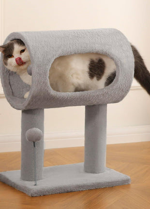 Gray Cat Tree Tower with Tunnel Bed & Scratching Posts – Indoor Cat Condo with Hanging Toys