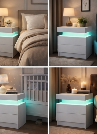 LED Nightstand with 2 Drawers – Modern Black Bedside Table with RGB Lights (Set of 2)