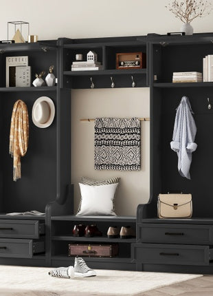4-in-1 Hall Tree Entryway Storage Bench with Coat Hooks & Cabinet