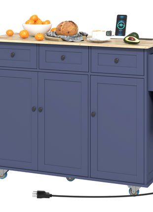 Kitchen Island on Wheels with Drop Leaf, Charging Station, Rolling Kitchen Cart with Wood Top, Adjustable Shelf, Blue