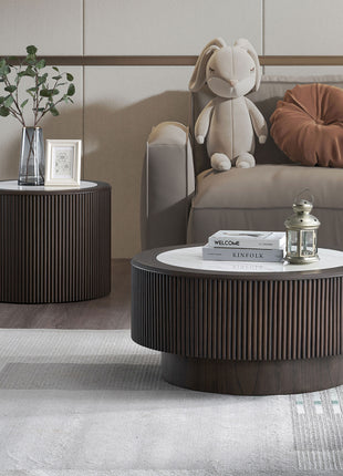 Modern Faux Marble Round Coffee Table Set – Nesting Living Room Tables with Pedestal Base (Dark Brown)