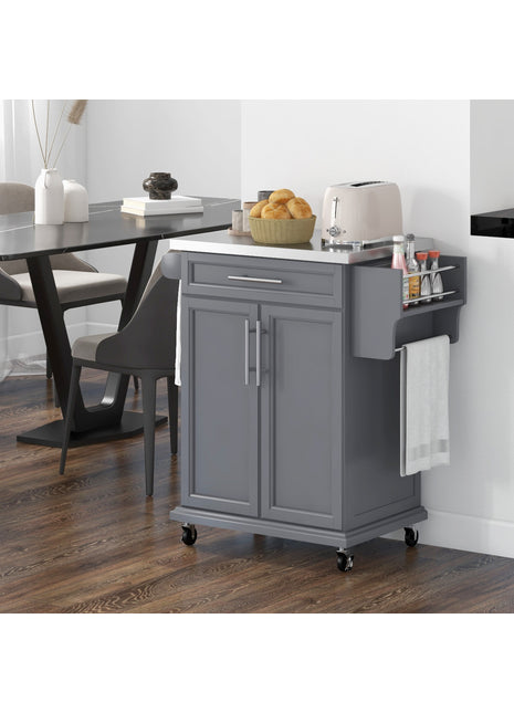 Kitchen Island on Wheels, Rolling Kitchen Cart with Stainless Steel Countertop, Drawer, Towel Rack and Spice Rack, Utility Storage Trolley, Gray