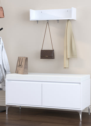 Wall Mounted Entryway Shelf with Hooks & Shoe Storage Bench – Modern Organizer