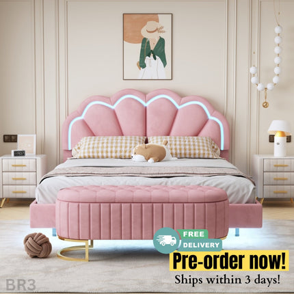 BR3- 2-Pieces Bedroom Sets,Queen Size Upholstered LED Platform Bed with Storage Ottoman-Velvet - Likeshoppe 